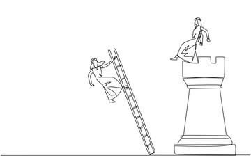 Single one line drawing Arab businessman kicks rival who climbs the chess rook with ladder. Wrong move. Wrong strategy. Plan leaked by colleague. Traitor. Continuous line design graphic illustration