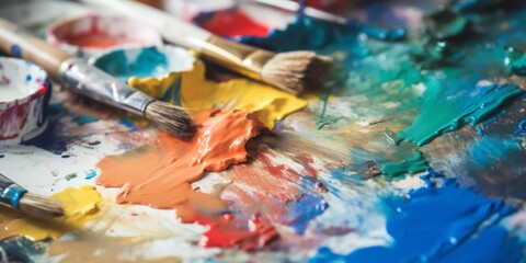 Obraz premium Artistic color palette with paint brushes