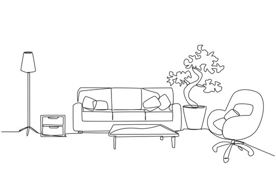 Single continuous line drawing stylish living room with furniture modern. Equipped with floor lamp for lighting needs and armchairs. Scandinavian interior design. One line design vector illustration