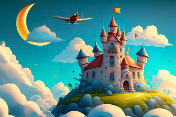 fairy tale castle on the cloudy hill - obrazy, fototapety, plakaty