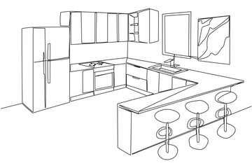 Single one line drawing stylish kitchen with full furniture modern. A place to eat in mini bar style. Fully furnished. Modern kitchen that is very clean. Continuous line design graphic illustration