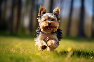 Yorkshire terrier plays on grass