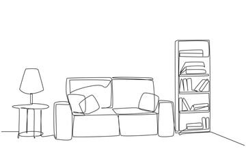 Single one line drawing stylish room with full furniture modern. Living room modern. Comfortable sofa. Bookcase for carrying out hobbies. Very cozy room. Continuous line design graphic illustration