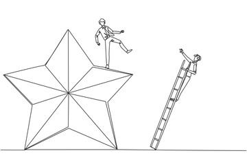 Continuous one line drawing businessman kicks opponent who is climbing the star with a ladder. Dropping opponents from achieving the same dream. Rival. Single line draw design vector illustration