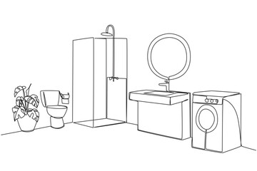 Fototapeta premium Continuous one line drawing minimalist layout in one image. There is a washing machine, shower and toilet in the same room. Neat and clean. Minimalist. Single line draw design vector illustration