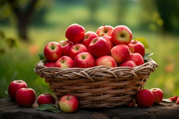 Fresh apples arranged in a unique basket against a serene natural backdrop