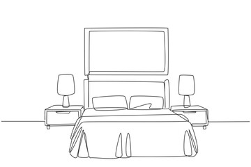 Continuous one line drawing stylish room with full furniture modern. A room layout resembling a hotel with a spring bed flanked by two drawers. Staycation. Single line draw design vector illustration - obrazy, fototapety, plakaty