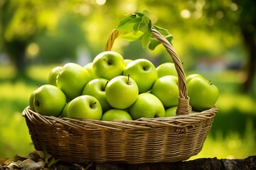 Fresh apples arranged in a unique basket against a serene natural backdrop