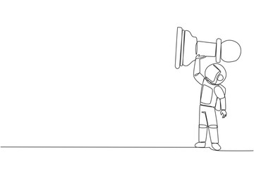 Single continuous line drawing young energetic astronaut holds, lifting pawn chess piece. Successful entrepreneurship tactics or strategy, superiority in business. One line design vector illustration