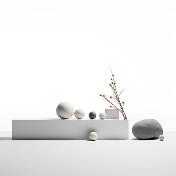 minimalist white composition sculpture of a sphere, vases, dried flowers, AI Generated