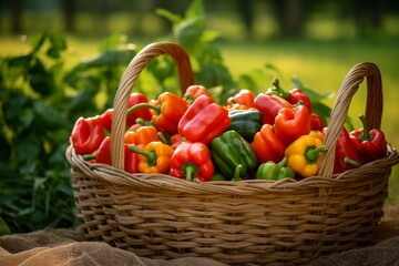 Fresh bell peppers arranged in a unique basket against a serene natural backdrop