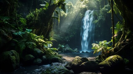 a hidden waterfall in a tropical valley surrounded by dense, emerald-green jungle
