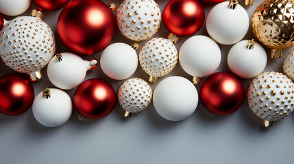 Christmas decoration on white background. Top view with copy space for your text. Generative AI technology.