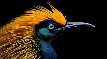 a high-resolution image of a close-up of a resplendent male Bird of Paradise, showcasing its vibrant plumage