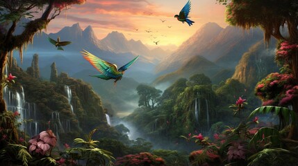 a mesmerizing AI depiction of a secluded tropical valley with iridescent hummingbirds fluttering around - Powered by Adobe