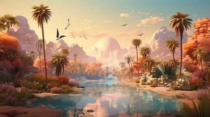 a mesmerizing AI depiction of a lakeside oasis in a desert landscape, with palm trees and exotic...