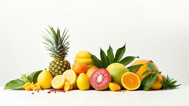 a minimalist and elegant image of tropical fruits on a clean, white background