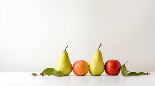 a minimalist and elegant image of apples and pears on a stark white background