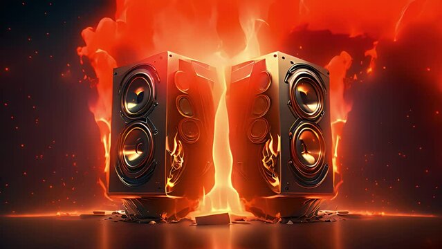 speakers surrounded by fire, burning speaker. Created with generative AI.	
