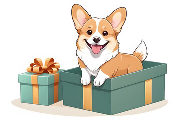 Gift box and Welsh corgi, gift and puppy. Generative AI