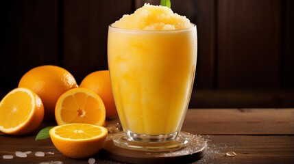 a mouthwatering picture of a frosty glass of freshly squeezed orange juice with a slice of orange on the rim