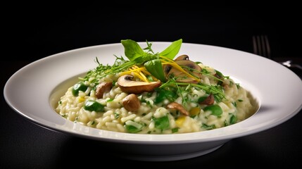 a mouthwatering picture of a creamy vegetable risotto with Parmesan cheese