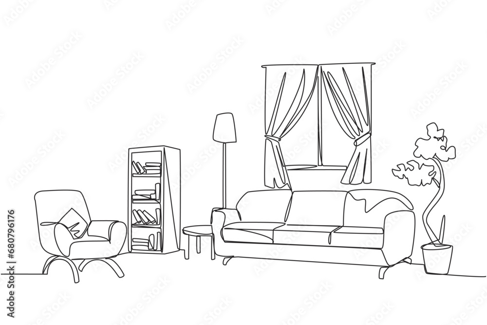 Wall mural Single one line drawing stylish room with full furniture modern. Furniture showroom with Scandinavian interior design. Open windows with natural lighting. Continuous line design graphic illustration