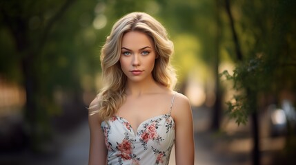 Portrait of attractive stylish woman in summer dress against a blurred green park background.