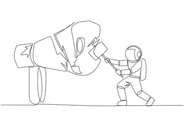 Single one line drawing young astronaut preparing to hit the big megaphone. Destroy of hoax information that damage business stability. Destroy slander. Continuous line design graphic illustration
