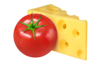 Ripe tomato and cheese with holes on an isolated white background.