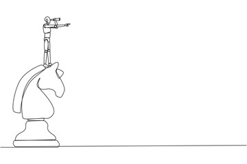 Single continuous line drawing robotic smart technology on top of big horse chess piece using monocular looking for success, opportunities, future business trend. One line design vector illustration