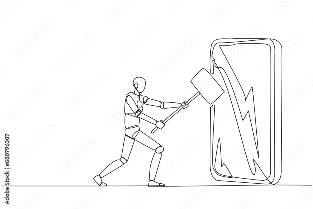Poster single continuous line drawing smart robotic preparing to hit big smartphone with hammer. technology