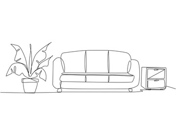 Continuous one line drawing stylish living room with full furniture modern. Comfortable waiting room with comfortable sofa. Design modern minimalist. Cozy. Single line draw design vector illustration