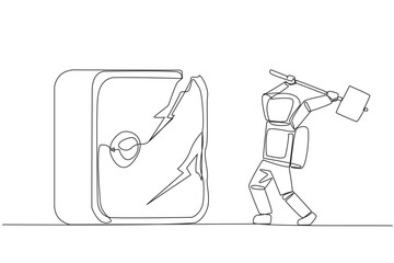 Single one line drawing young astronaut preparing to hit the big safe deposit box. Boss is furious want to destroy with hammer. Angry cosmonaut. Lost. Continuous line design graphic illustration