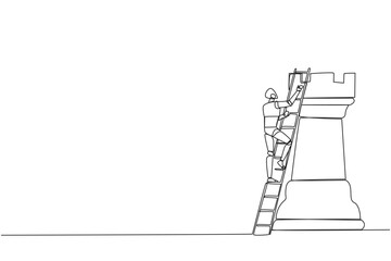 Single continuous line drawing smart robotic climb huge rook chess piece with ladder. Business strategy and marketing plan. Strategic move in business concept. One line design vector illustration
