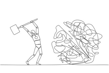 Continuous one line drawing smart robotic preparing to hit big mess circle. Eliminate stress and anxiety. Focus on developing business. Achieve big profits. Single line draw design vector illustration