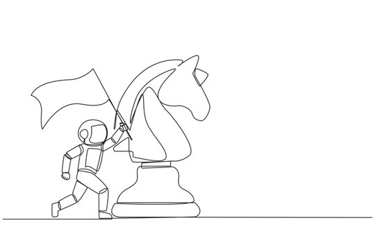 Continuous one line drawing young energetic astronaut running and holding flag beside big horse knight chess. Business achievement goal, metaphor concept. Single line draw design vector illustration