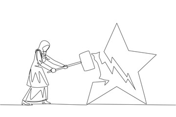 Fototapeta premium Single continuous line drawing Arabian businesswoman preparing to hit big star. The destroyer of dream. Failed to get the best career position. Anger overflowed. One line design vector illustration
