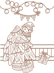 Little and Cute Elf Kids Christmas Cartoon Holiday Coloring Activity for Kids and Adult