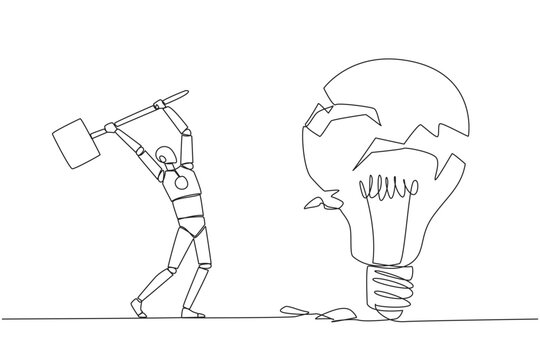 Single continuous line drawing smart robot preparing to hit a big lightbulb. The thrashing anger. Failed to secure a brilliant business idea. Destruction. Rampage. One line design vector illustration