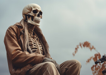 Skeleton on bike isolated on white background. High quality photo