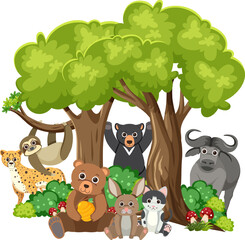 Diverse Wildlife Gathering Beneath a Tree