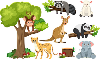 Wild Animals Isolated and a Tree