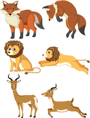 Group of Cartoon Fox, Lion, and Gazelle