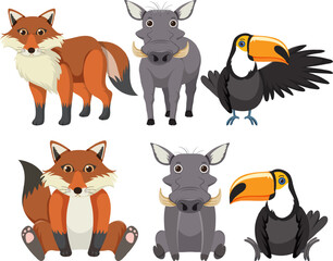Simple Style Cartoon Illustration of Fox, Boar, and Toucan