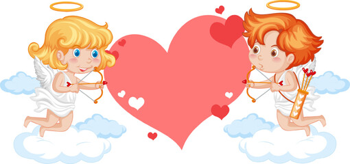 Two Angel Holding Heart Arrow with Blank Heart Banner