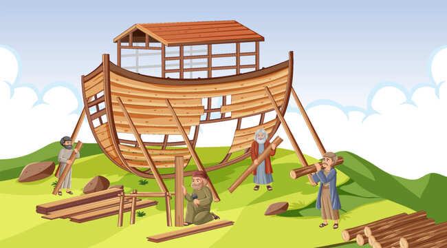 Ancient People Building Noah's Ark: A Vector Illustration