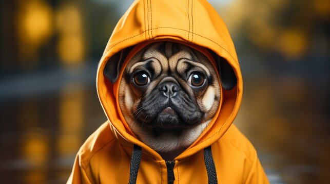 Funny Pug Dog Wearing Orange Raincoat , Wallpaper Pictures, Background Hd