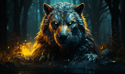 Fototapeta premium Blue and Yellow Night Forest Wolf High quality photo