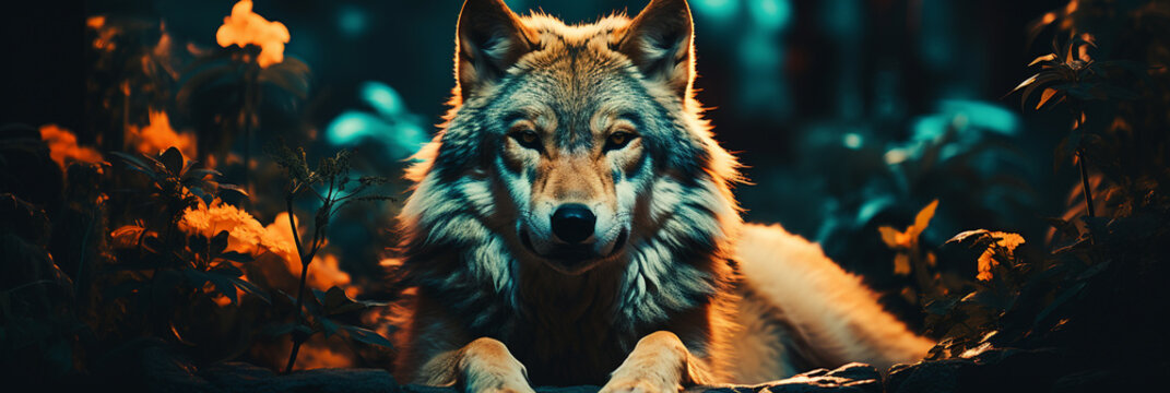 Blue and Yellow dark Night Forest Wolf High quality photo